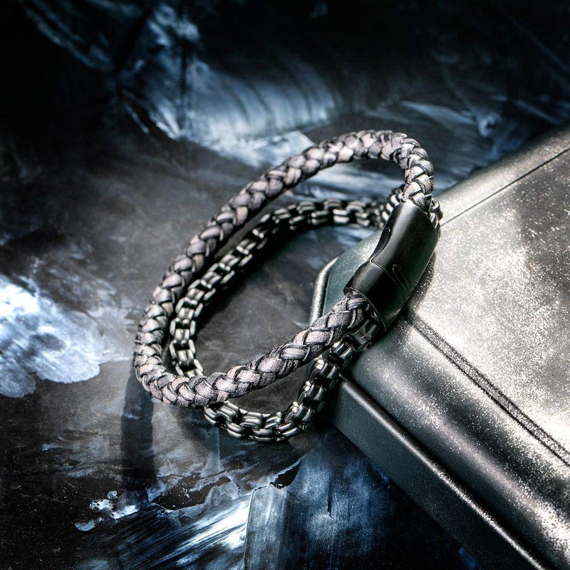 murtoo Mens Bracelet Leather and Steel, Stainless Steel Chain and Leather Bracelets for Men (Black-grey, 9.25") - Image 3